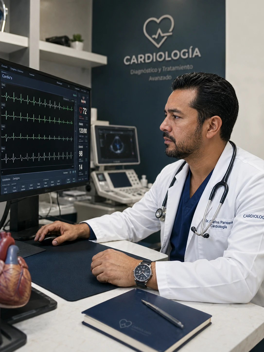 Cardiólogo en consulta médica especializada