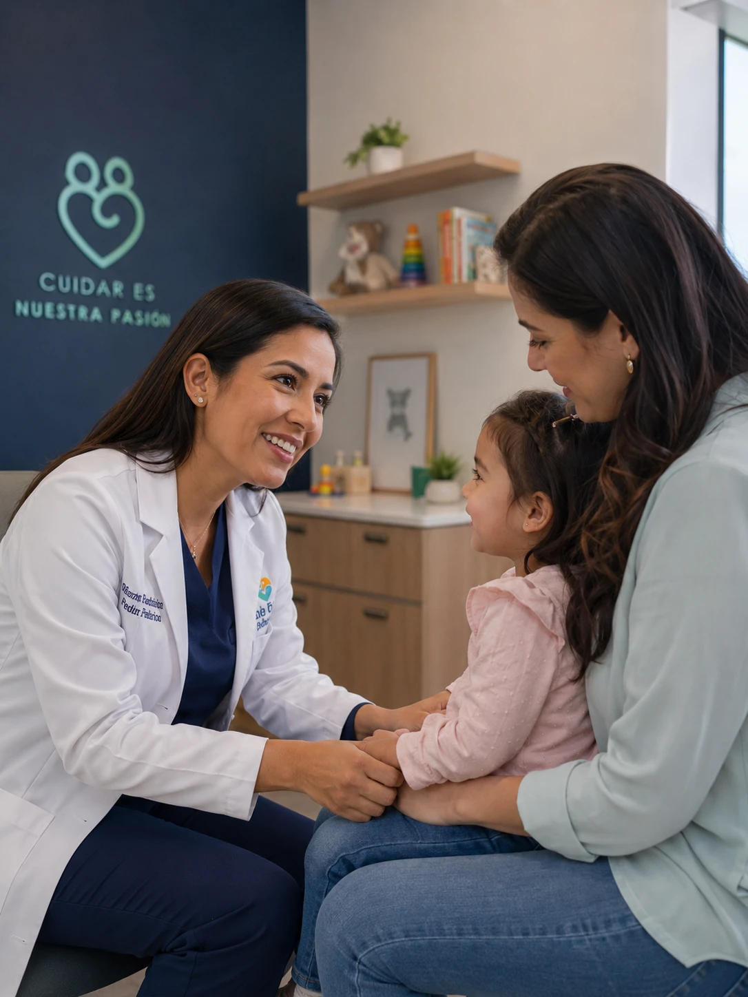 Pediatra en consulta médica con paciente infantil
