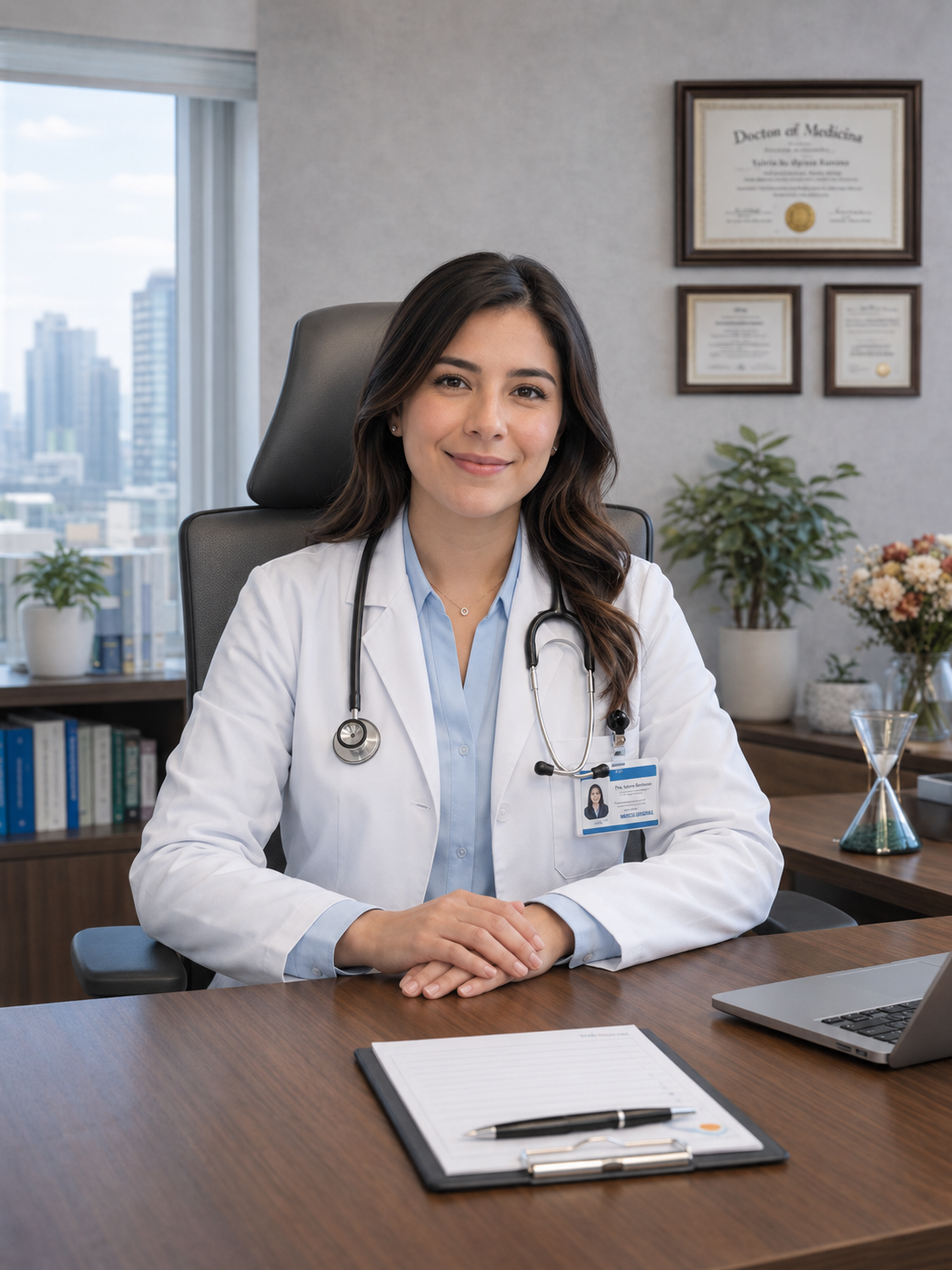 Doctora de BlueTail Medical en consultorio, presentación editorial