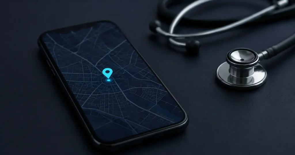 Celular sobre un escritorio mostrando un mapa con un pin de ubicación, ilustrando el SEO local para médicos en Google Maps