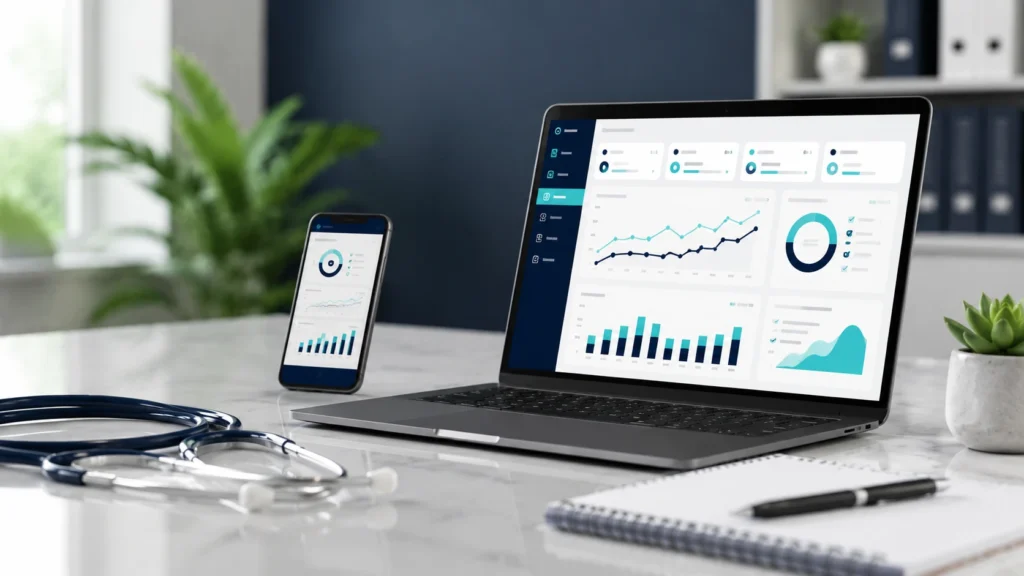 manos sobre un laptop con una gráfica de barras/tendencia en pantalla (simulando resultados de campaña), con un celular al lado mostrando notificaciones, para transmitir "inversión que se está midiendo" sin mostrar cifras reales ni logos de Meta/Google.