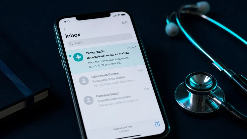 Celular mostrando la bandeja de entrada de correo con un recordatorio de cita de una clínica, junto a un estetoscopio, ilustrando el email marketing médico