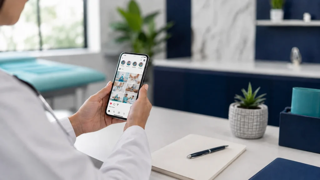 Persona sosteniendo un celular mostrando el perfil de redes sociales de un consultorio médico